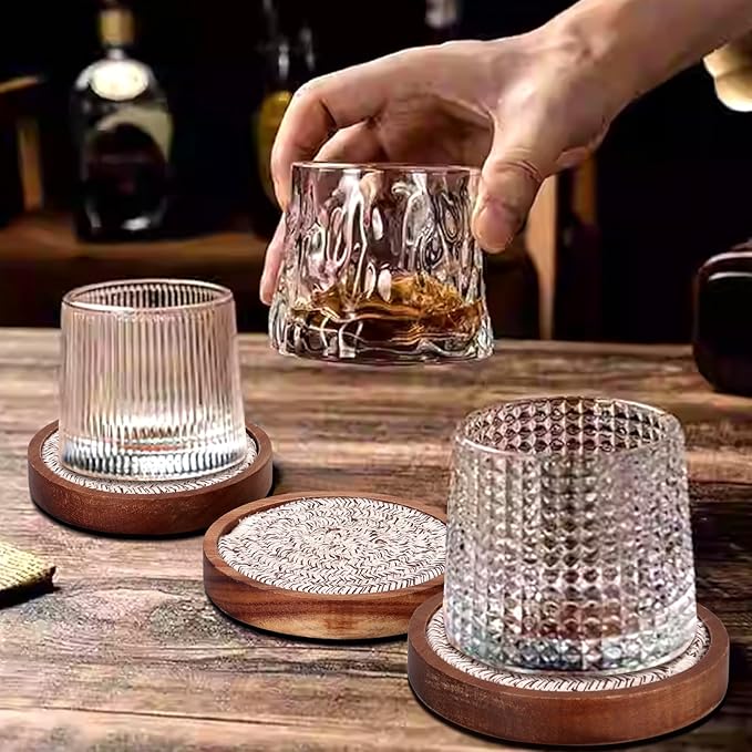 Best Absorbent Wooden Coasters Set of 5 Mixed Brown Woven Coaster Modern 4 Inches Acacia Wood Coasters for Drinks, Coffee Table Decor, Farmhouse, Bar, Office, Beer, Kitchen, Dining Room, Outdoor, Desk