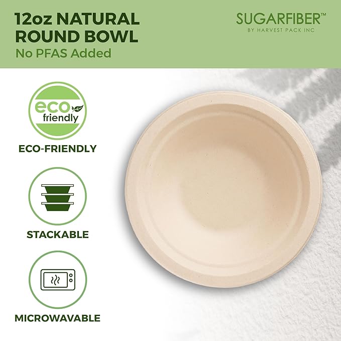 [600 Count] Harvest Pack PFAS Free 12oz Round Compostable Paper Bowls Bulk, Disposable Heavy-Duty Eco-Friendly Bagasse Bowls, Sugarcane Natural Plant fibers for Meal Prep Takeout Dinnerware