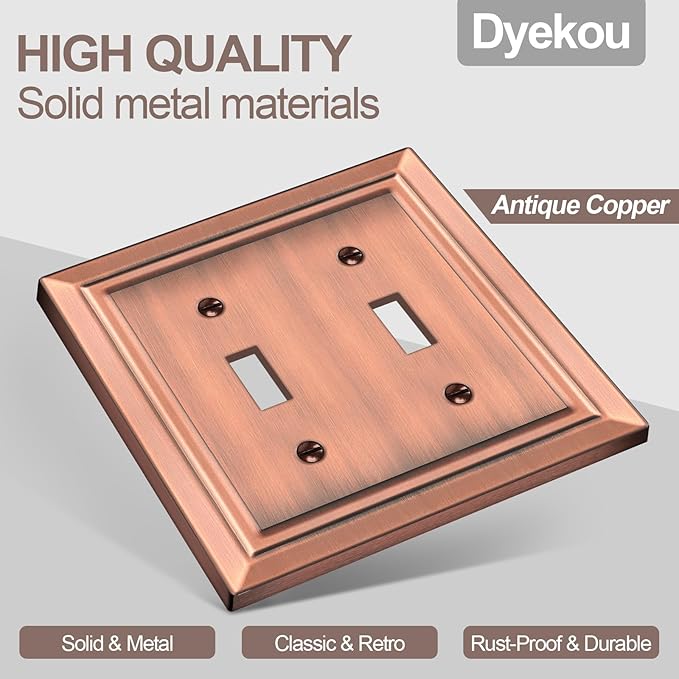 Metal Wall Plate for Electrical Outlets, Decorative Antique Copper Switch Plates Outlet Cover, Light Switch Cover Plate, 2-Gang Wall Plates (Double Toggle, 2 Pack)
