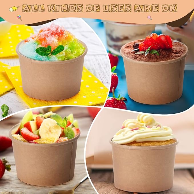 Honeydak 100 Pieces Ice Cream Soup Cups Paper 12 oz Disposable Sundae Bowls Kraft Paper Hot Cold Snack Yogurt Dessert Small Cups for Ice Cream Baby Shower Party Supplies, Brown Disposable Bowls