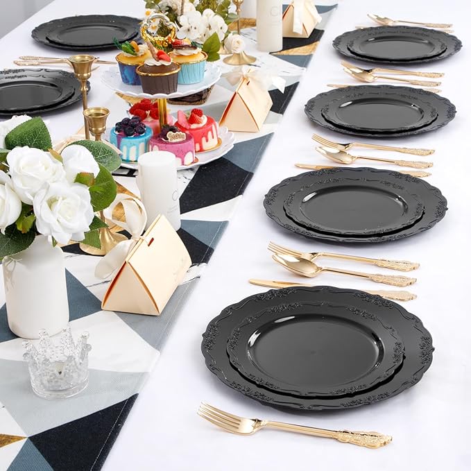 DaYammi 36PCS Black Plastic Plates, Heavy Duty Black Disposable Plates Premium 7.5 inch Dessert Cake Salad Appetizer Platos Hard Plastic Platos Disposable for Party
