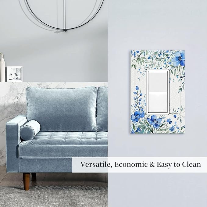 Outlet Covers Blue Watercolor Flowers Retro Floral Leaves 1 Gang Wall Plate Single Rocker Light Switch Cover Decorative GFCI Receptacle Electrical Switchplate for Bathroom Bedroom Decor（2 Pack）