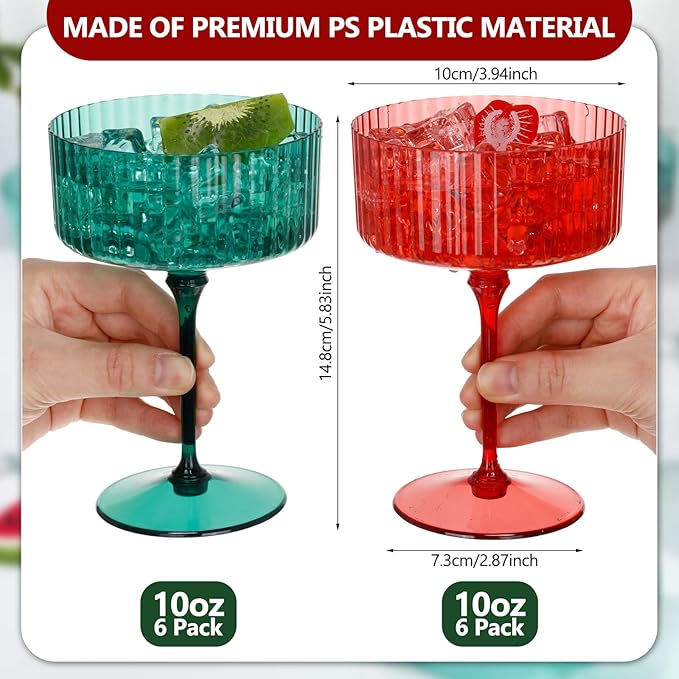 12 Pcs Ribbed Martini Glasses 10 oz Disposable Plastic Vintage Ribbed Coupe Glasses Unbreakable Dessert Parfait Glassware for Wedding Birthday Party Supplies (Red and Green)