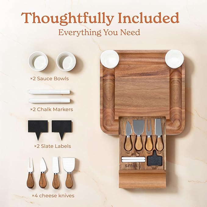 SMIRLY Charcuterie Boards Set, Large Cheese Board Set, Natural Walnut Wood Charcuterie Tray with Accessories - Housewarming Gifts New Home, Wedding & Bridal Shower Gifts for Women, Couples
