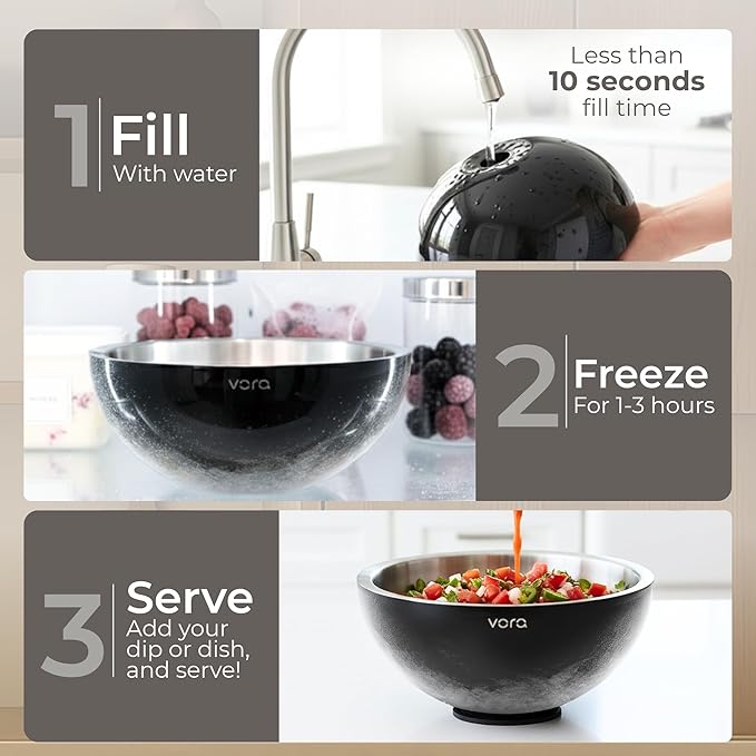Vora 70oz Dip Chiller Bowl with Lid | Black Stainless Steel Chilled Dip Bowl for Dips, Guacamole, Hummus, Salsa | Insulated Serving Dishes with Easiest Water Fill & Refillable Chamber