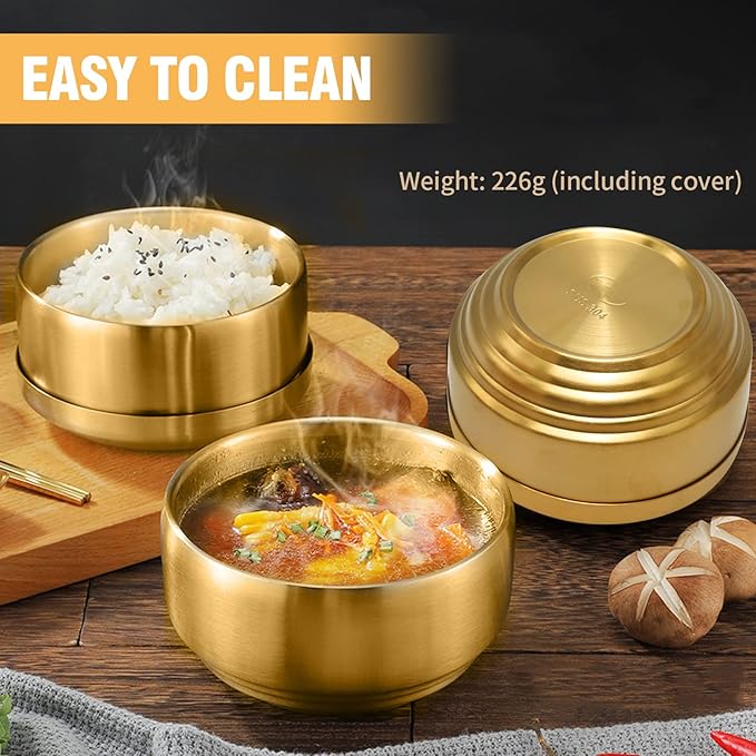 Stainless Steel Rice Bowl with Lid, Set of 2, for Korean Kitchen Restaurant, Double-walled Metal Bowls, Multi-Purpose Insulated Soup Bowls Snacks Bowls (11.5cm Gold)