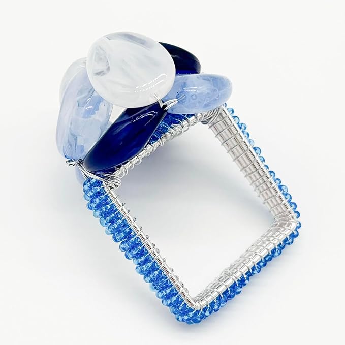 Beaded Pebble Stone Napkin Rings – Handcrafted Acrylic Holders with Natural Coastal Look – Elegant Table Decor for Modern, Ester, Spring, Wedding, or Gift - Set of 4, Blue