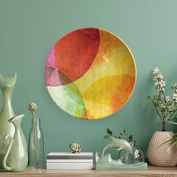 Decorative Plates, Abstract Print Ornament, Watercolor Style in Modern Art Design, 10 Inch, 1 Plate with 1 Display Stand, Yellow Orange Lime Green
