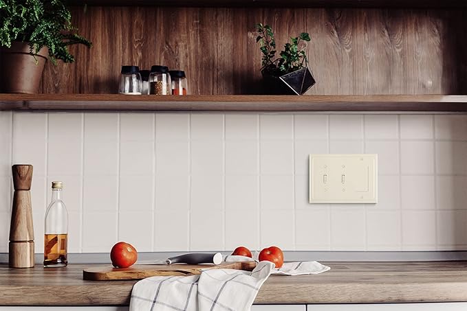 Henne Bery Modern Edge Decorative Wall Plate Switch Plate Outlet Cover, Durable Solid Zinc Alloy (Double Toggle/Single Decorator, Light Almond)