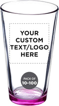 DISCOUNT PROMOS Custom Beer Pint Glasses 16 oz. Set of 10/50/100, Personalized Bulk Pack - Heavy Duty Glassware for Restaurant, Thick Base and Walls, Stackable - Pink