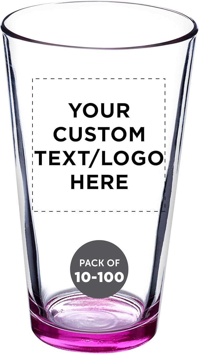 DISCOUNT PROMOS Custom Beer Pint Glasses 16 oz. Set of 10/50/100, Personalized Bulk Pack - Heavy Duty Glassware for Restaurant, Thick Base and Walls, Stackable - Pink