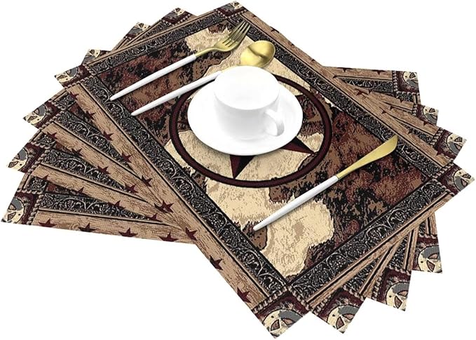 Western Texas Star Placemats Set of 6 Rustic Vintage Country Brown Wood Wipeable Table Mats Reusable Washable PVC Rectangle Place Mats for Kitchen Dining Home Decor 12x18 Inches