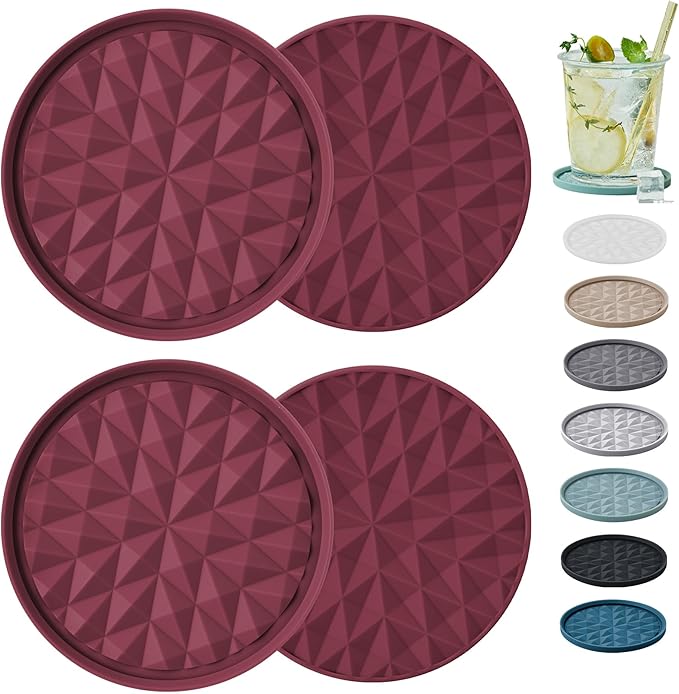Silicone Coasters for Drinks[4 Pack]- Cup Mat for Tabletop Protection-Non-Slip, Non-Stick, Coffee Table Decor, Great Gift for Any Occasion, Red