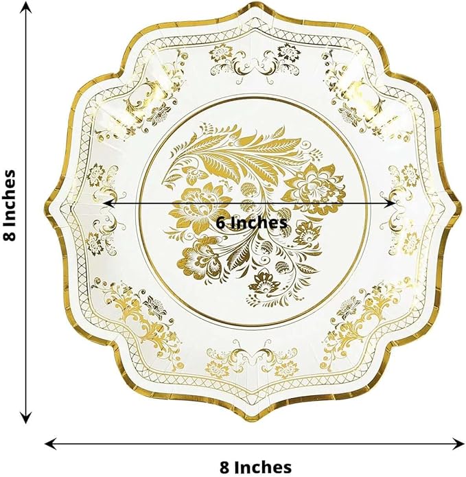 50 Pack 8" White Gold French Toile Dessert Plates, Disposable Round Paper Floral Pattern Appetizer Salad Plates 300 GSM for Party Decoration