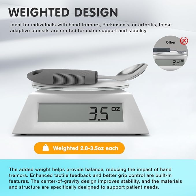 4PCS Weighted Adaptive Utensils, Parkinsons Utensils for Hand Tremors, Elderly, 3.5oz Weighted Utensils for Tremors and Parkinsons Patients, Disabled (Gray, Straight)