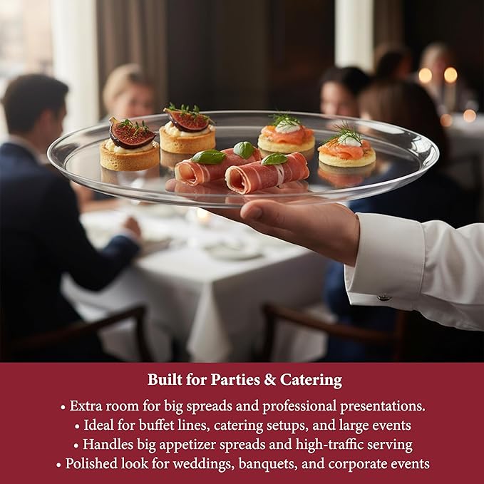 Smarty Had A Party 18 Inch Clear Round Plastic Serving Tray – Elegant Large Plastic Serving Trays for Parties, Catering & Buffets, Heavy-Duty Disposable Party Platters – Set of 25