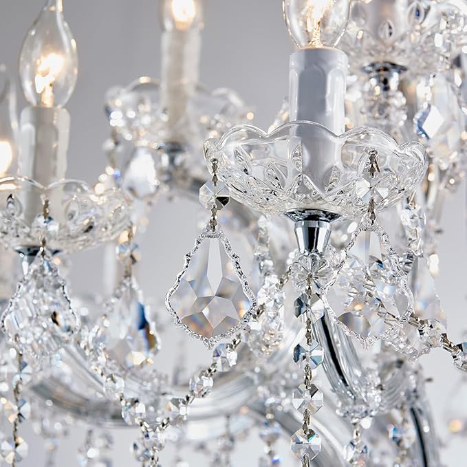 Modern Chrome Chandelier Light Fixture - Luxury Maria Theresa Crystal Chandeliers for Dining Room, Kitchen Island, Living Room, Bedroom, 15 Lights, 2 Layers