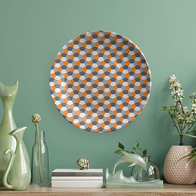 Decorative Plates, Abstract Print Ornament, Modern Style Mosaic Tile with Hexagonal Shapes, 8 Inch, Kitchen Wall Decor, Grey Charcoal Grey Orange