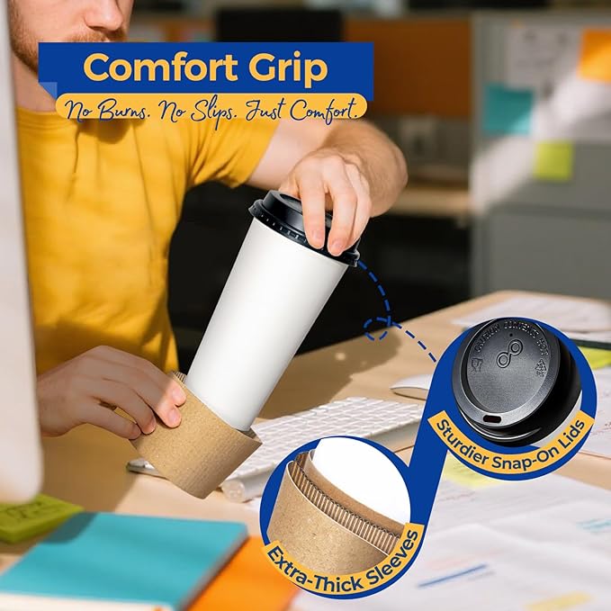 Fit Meal Prep 50 Pack 20 oz Disposable Coffee Cups with Lids, Sleeves, Leak-Proof To Go Coffee Cups with Lids, Durable Paper Cups for Hot Beverage, Home, Office, Party