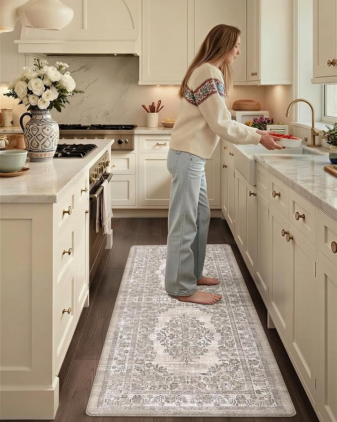 Color&Geometry Anti Fatigue Kitchen Mats for Floor 24x59, Vintage Decor, Easy Clean, Waterproof & Oil Proof, 0.4" Thick Cushioned, Non-Slip Kitchen Runner Rug for Sink, Laundry, Office, Khaki