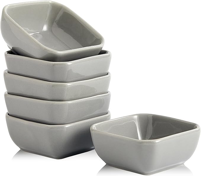 Ceramic Dipping Bowls Set of 6,3 Ounce Porcelain Small Mini Dip Bowl Square Soy Sauce Dish - Good for Tomato Sauce, Sushi Soy, BBQ,Charcuterie Board(Grey)