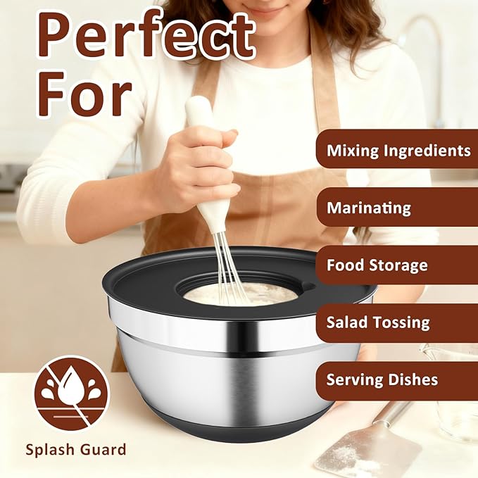 9 Pack Mixing Bowls with Airtight Lids Set, Stainless Steel Mixing Bowls with Grater Attachments, Nesting Kitchen Bowl Set with Non-Silp Bases, Size 7, 4, 3, 2, 1.5,1QT, Black