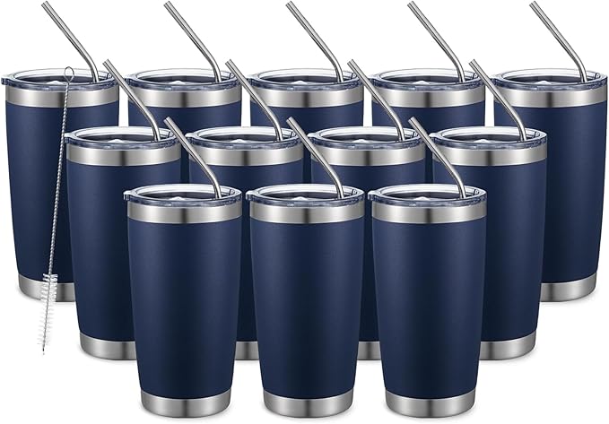 COMOOO 20oz Double Wall Vacuum Insulated Travel Mug Bulk Stainless Steel Tumbler with Lid and Straw Durable Powder Coated Insulated Coffee Cup for Cold & Hot Drinks (Navy, 12 pack