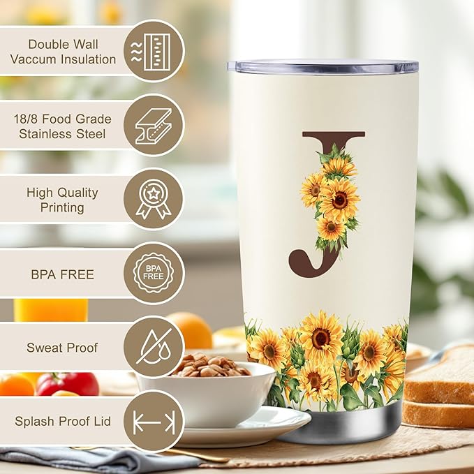 Sunflower Gifts for Women - Personalized Christmas Gifts for Women - Birthday Gift for Woman - Mothers Day Gift for Mom - Monogrammed, Initial 20oz Travel Cup Insulated Tumbler with Lid, J