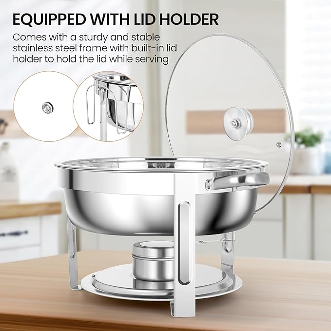 Rengue 6QT Chafing Dishes for Buffet, 4 Pack Stainless Steel Round Chafing Dish Buffet Set, Heating and Cooling Buffet Servers and Warmers, Food Warmers for Parties Buffet,Gatherings,Banquets,Weddings