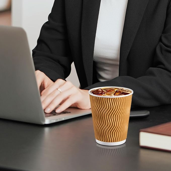 120 Pack 10 oz Coffee Cups, Disposable Corrugated Insulated Ripple Wall Paper Coffee Cups 10oz for Hot or Cold Drinks Office Home Cafe Party Travel (Champagne)