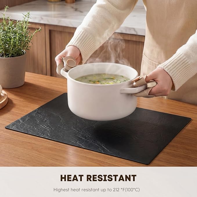 Artoid Mode Black Faux Leather Placemats Set of 6, 12x18 Inch Waterproof Wipeable Heat Resistant Vinyl Place Mats, Reversible Table Mats for Kitchen Dining Decor