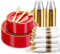 175 Pieces Red Plastic Plates with Gold Rim Include Dinner Plate 10”, Dessert Plate 7”, gold Cups 9 OZ, Pre Rolled Napkins 25 of each type for Party Valentine's Day