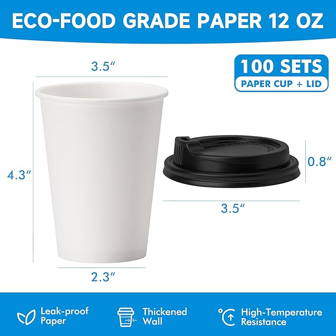 RACETOP 100 Pack 12 oz Disposable Paper Coffee Cups with Lids, Paper Cups with Lids 12 oz, Hot Cups for Home/Office