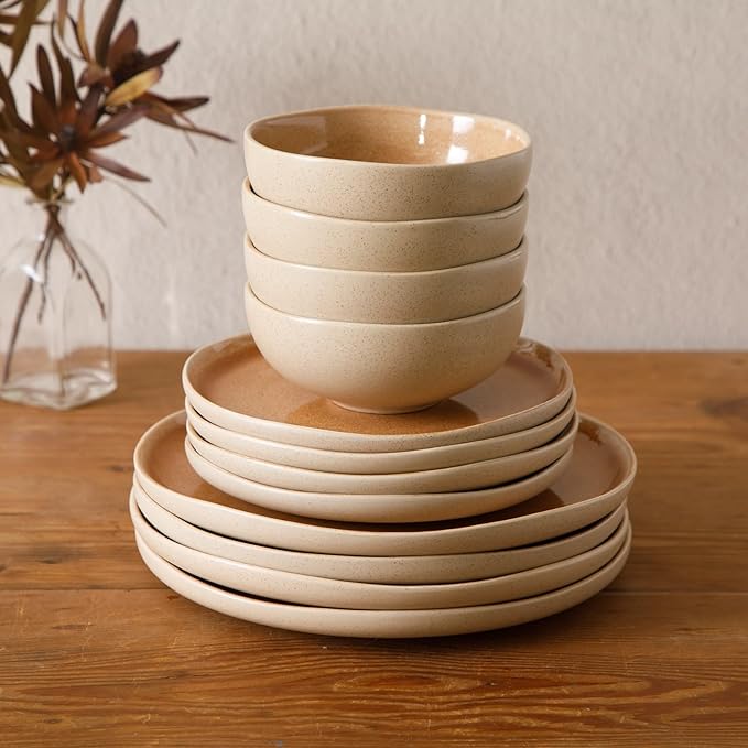 Gibson Elite Manila Bay 12-Piece Stoneware Dinnerware Set, Service for 4, Reactive Glaze Modern Artisan Plates, Bowls & Mugs, Orange, Round Design