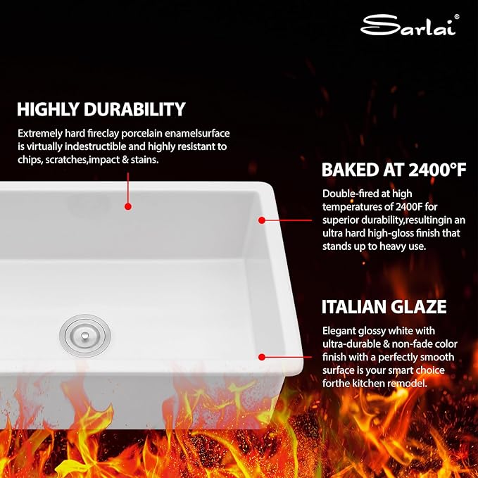 Sarlai 32 Inch White Undermount Sink Fireclay 32x19 Inch White Kitchen Sink Dual Drop in & Undermount Kitchen Sink Single Bowl Deep Porcelain Ceramic Sink