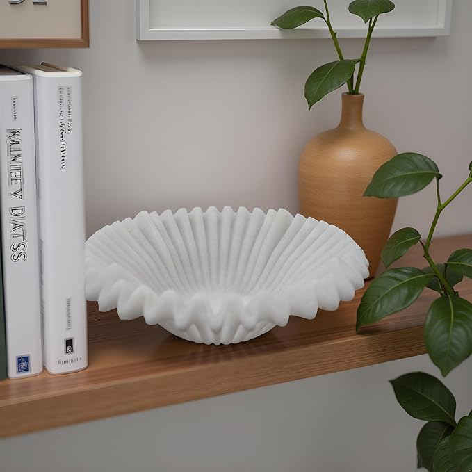 Large Decorative Bowl decor, Scalloped Pedestal Bowls for Modern Home Decor,Ruffle Decor,Stylish Key Bowl for Entry Table,Decorative Fruit Bowl for Kitchen Counter,Artificial Stone Milky White