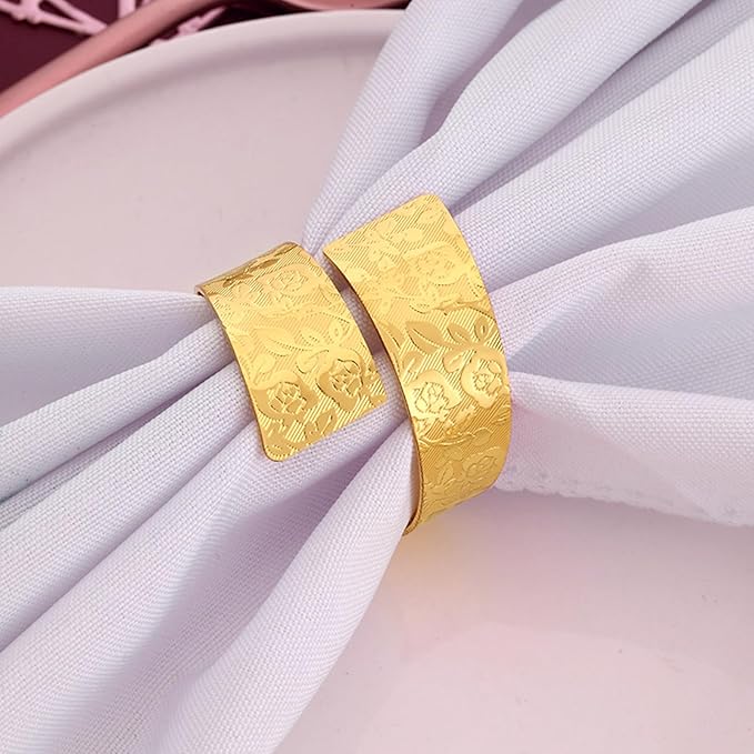 Napkin Rings Set of 12, Irregular-Shaped Metal Napkin Holders with Rose Patterns for Wedding Dining, Holiday Table Decor, Perfect for Home Chefs & Party Planners（Gold）