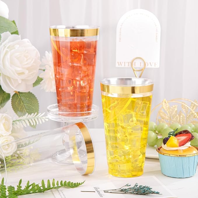 I00000 16 oz Gold Plastic Cups, 50 Pack Clear Plastic Cups Tumblers Gold Rimmed Disposable Cup, Heavy-duty Disposable Cup Perfect for Birthday, Wedding & Party