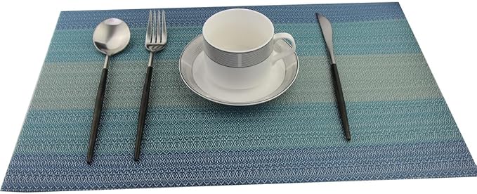 Placemats Washable Easy to Clean PVC Placemat for Kitchen Table Heat-resistand Woven Vinyl Hard Table Mats 12x18 inches Set of 4 （Blue）