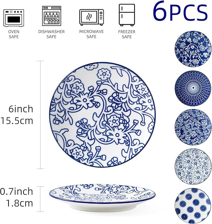 Ceramic Dessert Plates Set - 6 Inch Mini Appetizer Plates for Kitchen - Small Salad Plate for Cake Snacks Side Dish, Microwave Dishwasher Safe, Gift, Vintage Blue