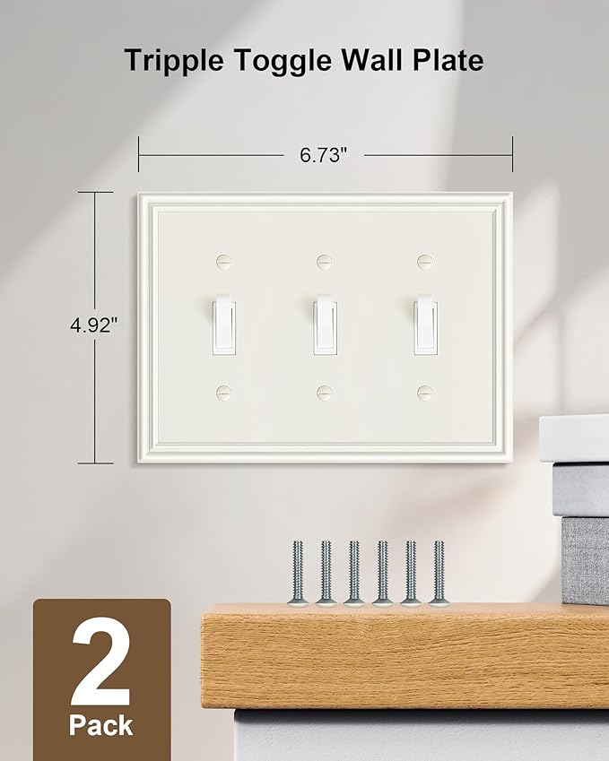 2-Pack Triple Toggle Light Switch Cover Plate, Durable Solid Zinc Alloy Decorative Switch Plate Covers, Light Almond 3 Gang Wall Plate, Corrosion Resistant