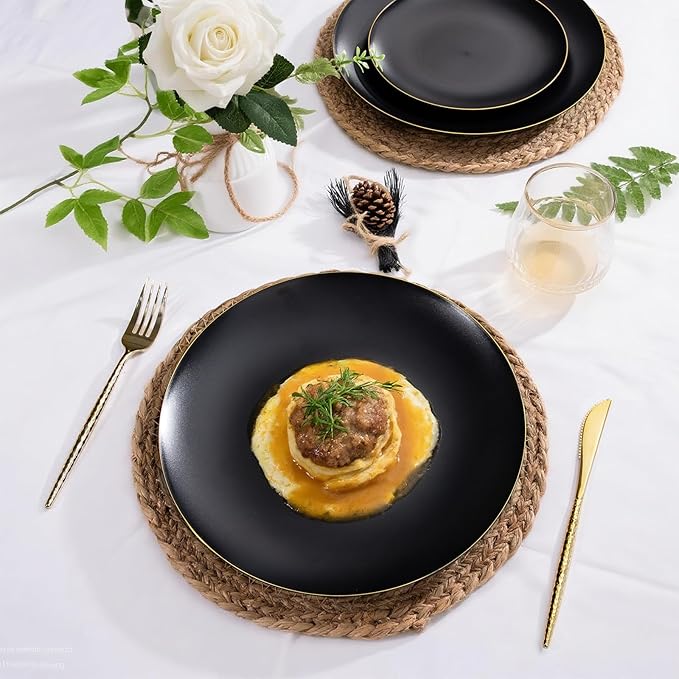 EI enjonirinjonir 80pcs Black and Gold Dinner Plates Disposable 10.25inch,Plastic Party Plates with Gold Rim,Black Plastic Matte plate Frosted Disposable Heavy Duty,Elegant for Wedding/Tea Party