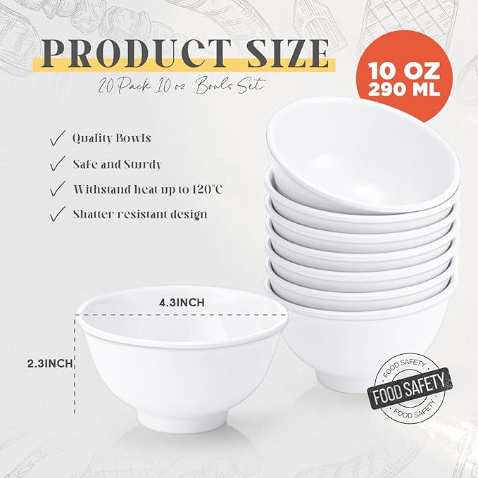 Tioncy 36 Pcs Bowls Set Unbreakable Dessert Soup Salad Bowls for Pasta Cereal Soup Dishwasher Safe (10 oz,White)