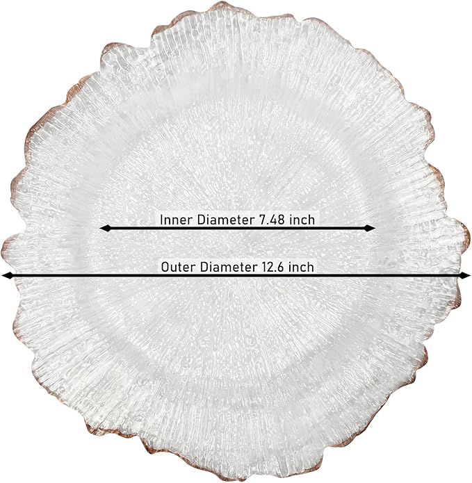 LOYALHEARTDY 25 Pack 13 Inch Charger Plates, Clear Plastic Reef Rim Charger Plates with Rose Gold Rim, Round Decorative Underplates for Wedding, Party, Dinner Table