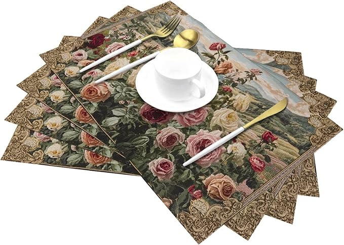 Roses Placemats Set of 4 Washable Table Place Mats for Dining Kitchen Party Decor