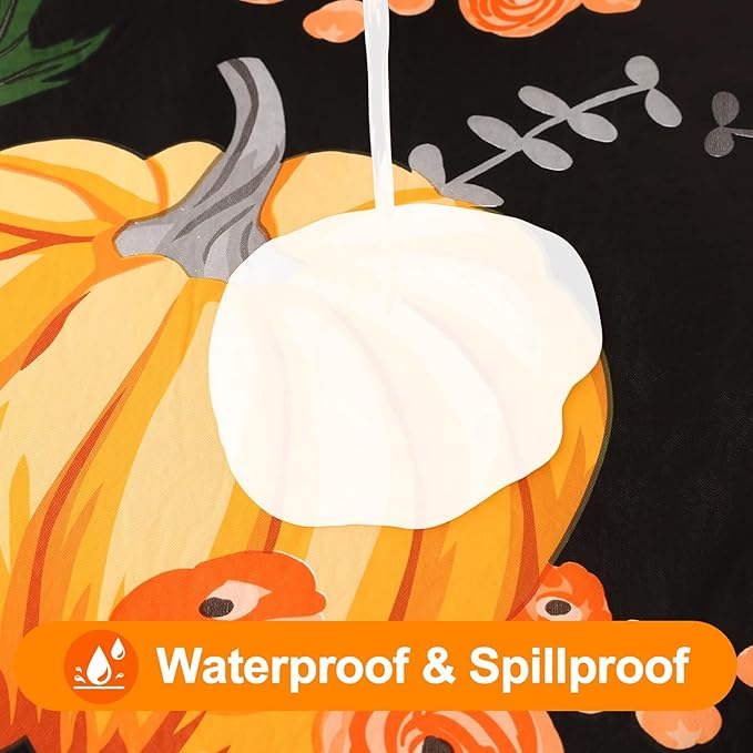 Smiry Fall Rectangle Table Cloth, Waterproof Vinyl Tablecloth with Flannel Backing, Wipeable Autumn Pumpkin Plastic Tablecloths for Harvest and Thanksgiving Parties, (60"x120", Black & Orange)