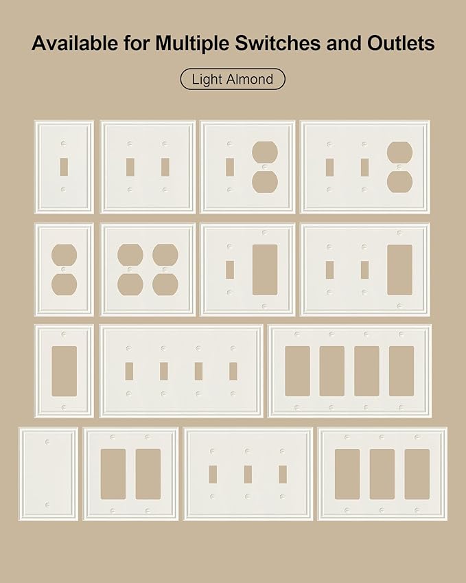 2-Pack Double Toggle Light Switch Cover Plate, Durable Solid Zinc Alloy Decorative Dual Switch Plate Covers, Light Almond 2 Gang Wall Plate, Corrosion Resistant