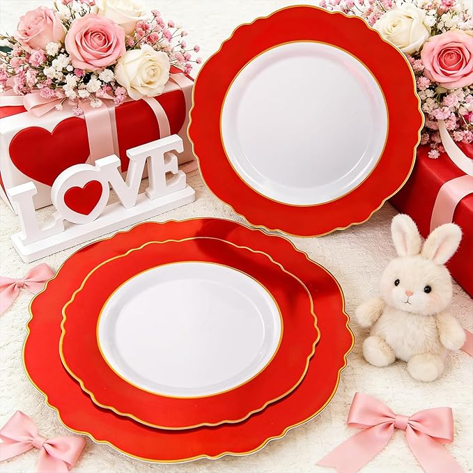 WDF 60pcs Red Valentines Plates with Gold Rim - 10.25inch Red Dinner Plates Disposable Plates Table Decor for Valentine's Day