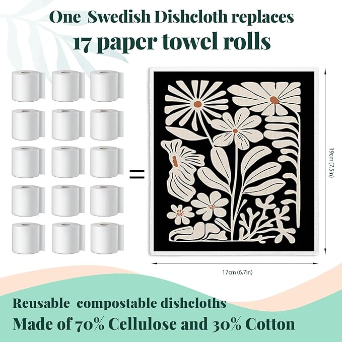 Spring Flower Swedish Dishcloths for Kitchen, Boho Swedish Dish Cleaning Cloths for Floral, Papaya Reusable Paper Towels, 4 Pack Dish Towels for Kitchen, Reusable Paper Dishcloths Washable
