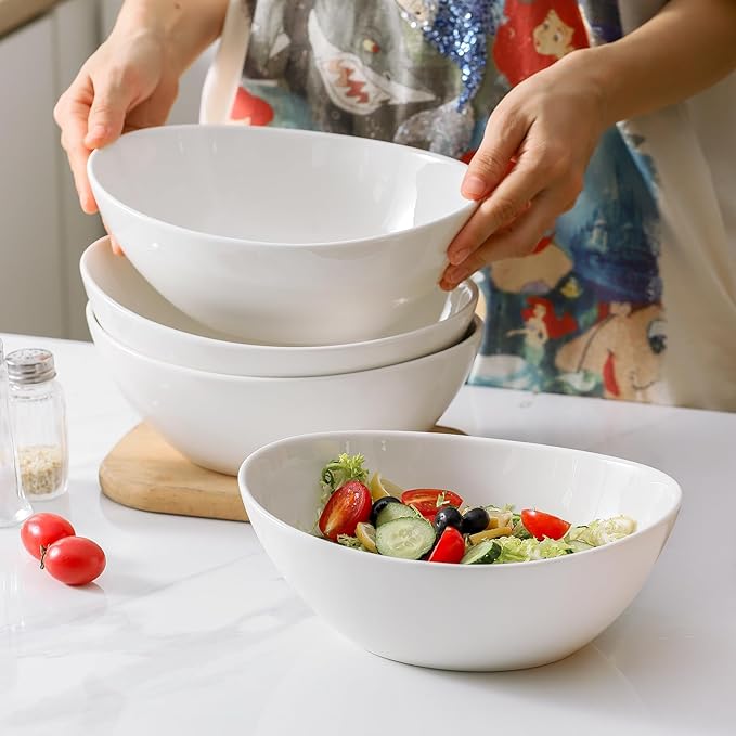 HASENSE 40 OZ Salad Bowls Set of 4, Ceramic Serving Bowls for Kitchen, 9 Inch Ceramic Bowls Microwave and Dishwasher Safe for Ramen, Salad, Fruit, Pasta and Side dish, White